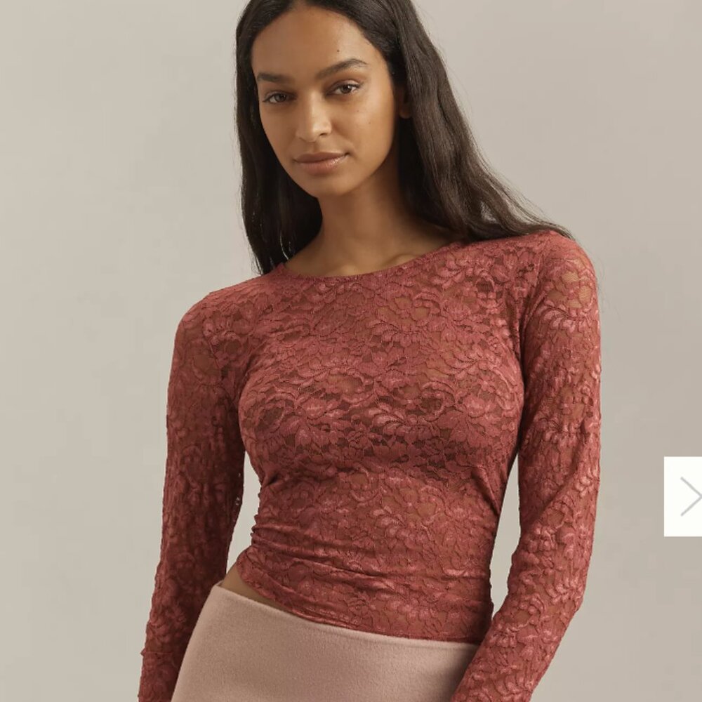 By Anthropologie Long-Sleeve Lace Crew-Neck Top Plum XS NWT